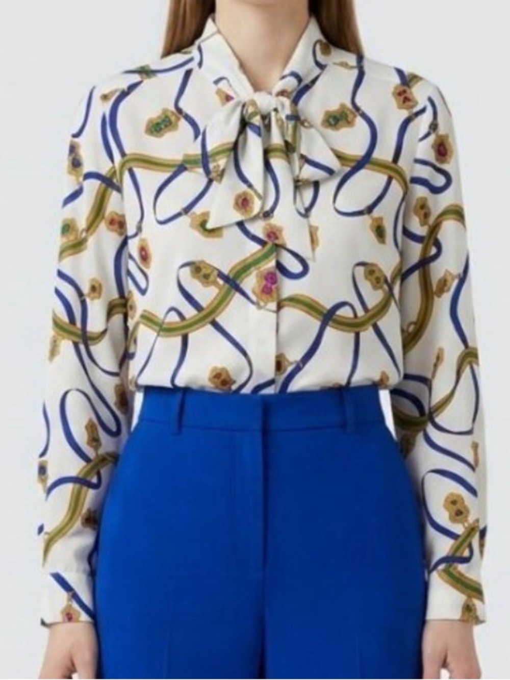 Alfred Dunner Vintage Scarf Print Tie Neck Blouse Cream Size 18